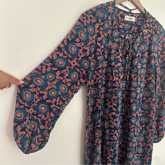 Natural Life Womens Midi Dress Large Floral Boho Tirered Long Sleeve Modest Blue - Picture 5 of 8